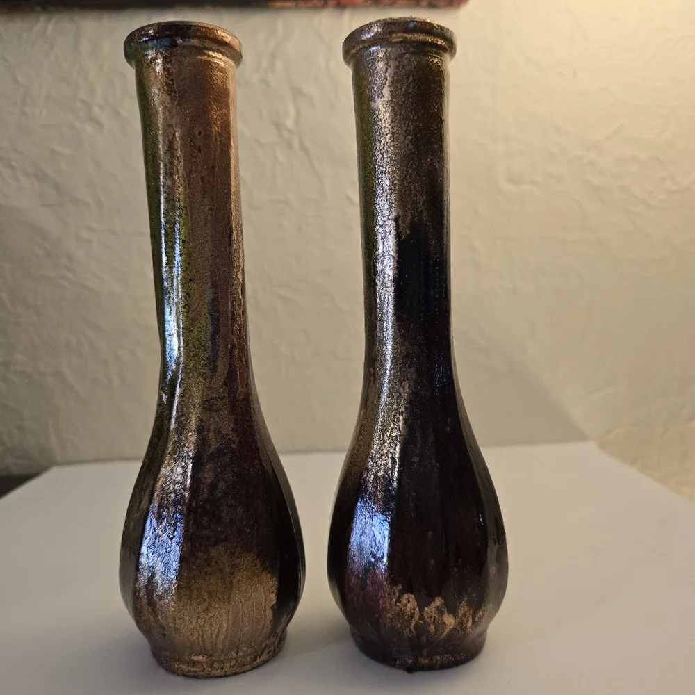 2 HANDCRAFTED Upcycled Glass Vases Brown & Copper HANDPAINTED Tabletop Art Decor